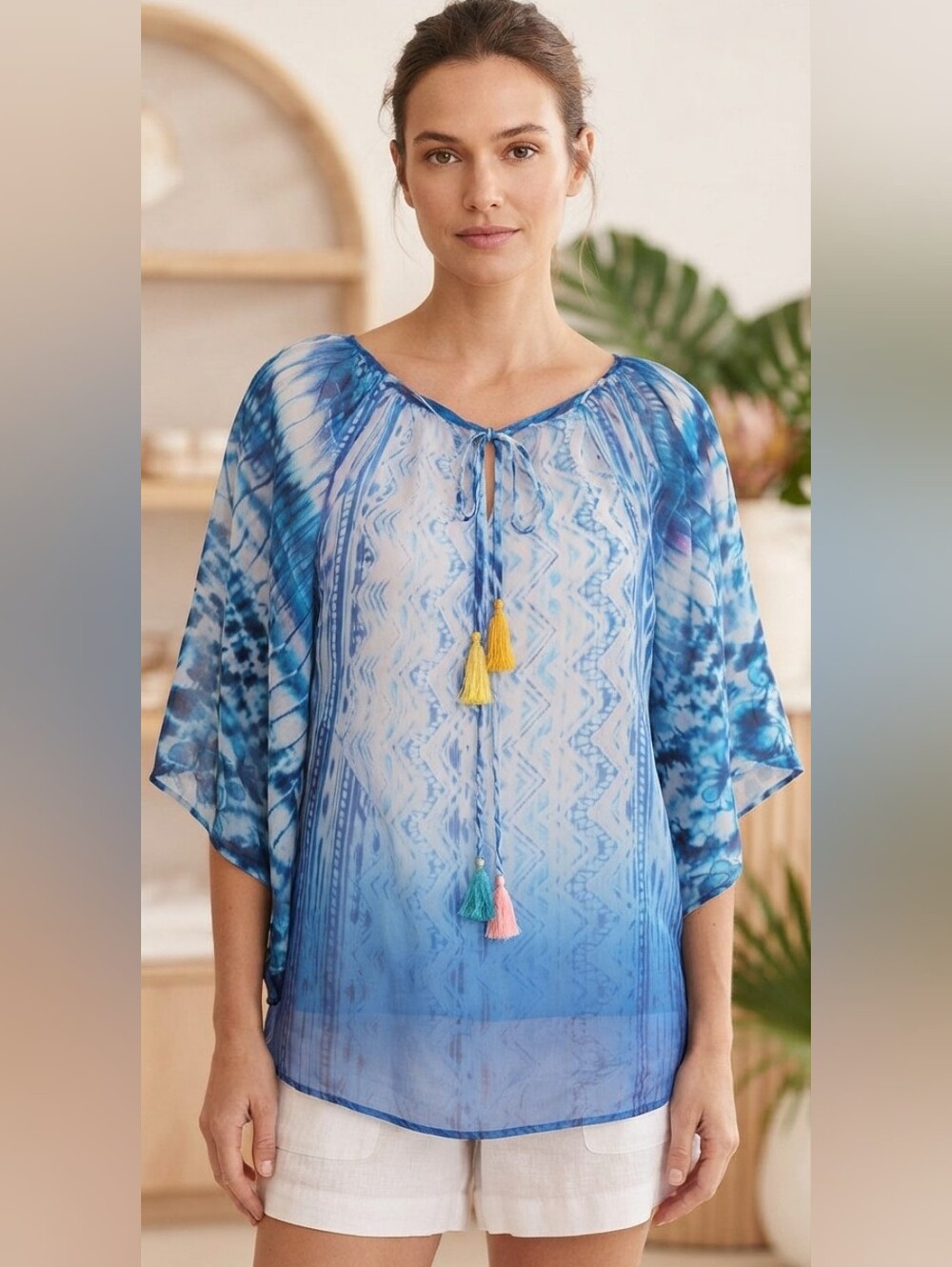 Desigual Blue Ombre Kimono Sleeve Blouse Size Medium M-tassels NWT
